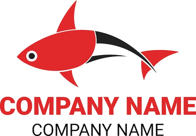 Un logotipo simple con un diseño de pez rojo con acentos negros que representan una especificación de empresa ficticia