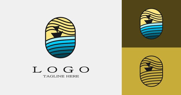 Logotipo simple y elegante con un velero sobre las olas mar océano El logotipo del viaje