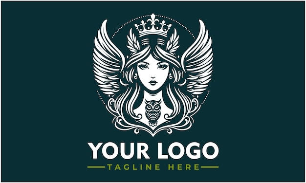 logotipo simple de una hermosa diosa femenina de la sabiduría con alas una corona y un escote de búho