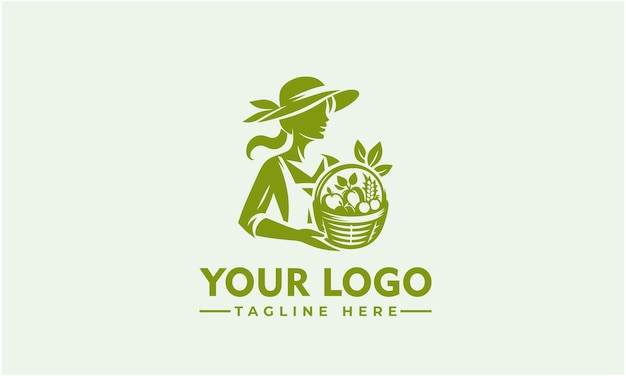 Vector logotipo simple de mujer granjera mujer bonita con una canasta con frutas y verduras