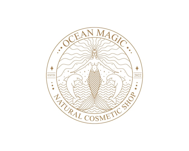 Logotipo de sirena Ilustración de vector de plantilla de marca Sirena y niña marina con cola Ilustración vectorial dibujada a mano vintage para logotipo y póster