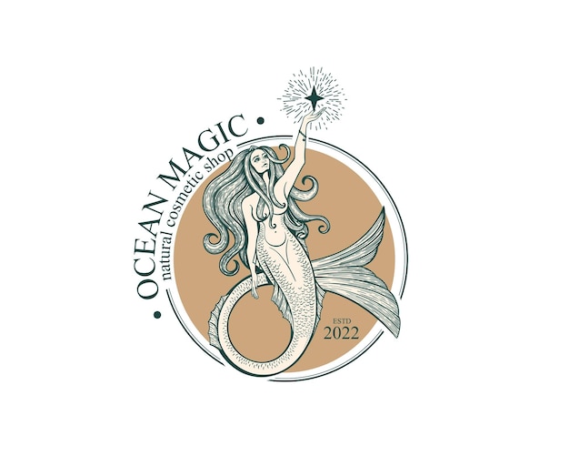 Logotipo de sirena Ilustración de vector de plantilla de marca Sirena y niña marina con cola Ilustración vectorial dibujada a mano vintage para logotipo y póster