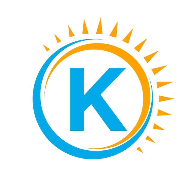 Logotipo solar en la letra K Concepto con icono del sol Símbolo del sistema solar