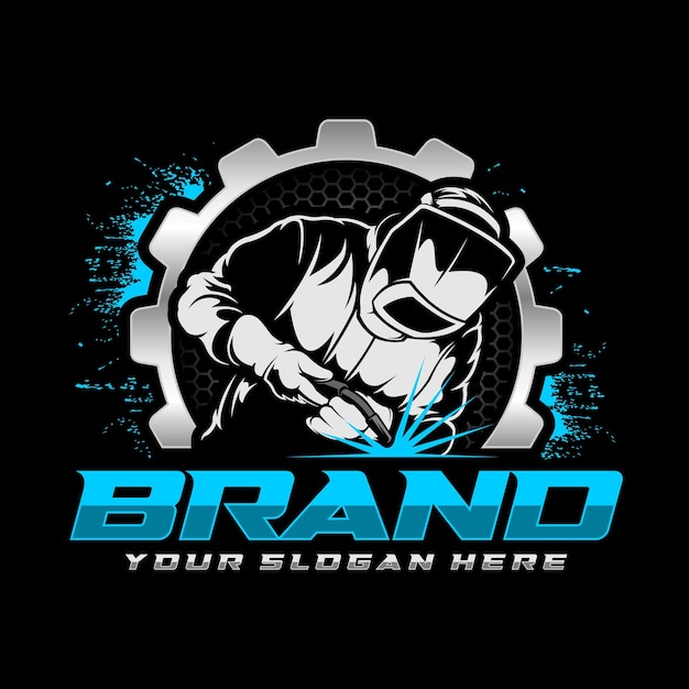Logotipo de soldador con un engranaje y diseño de chispas perfecto para empresas industriales