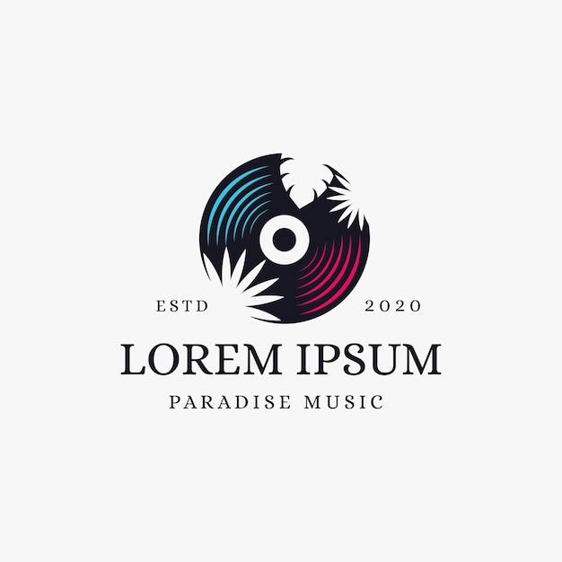 Logotipo de Sound of Paradise con disco de música y plantilla de vector de icono de logotipo de hoja tropical