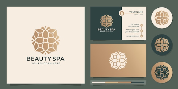 Logotipo de spa de belleza diseño de logotipo dorado icono de spa de salón de moda de lujo y plantilla de tarjeta de visita vector premium