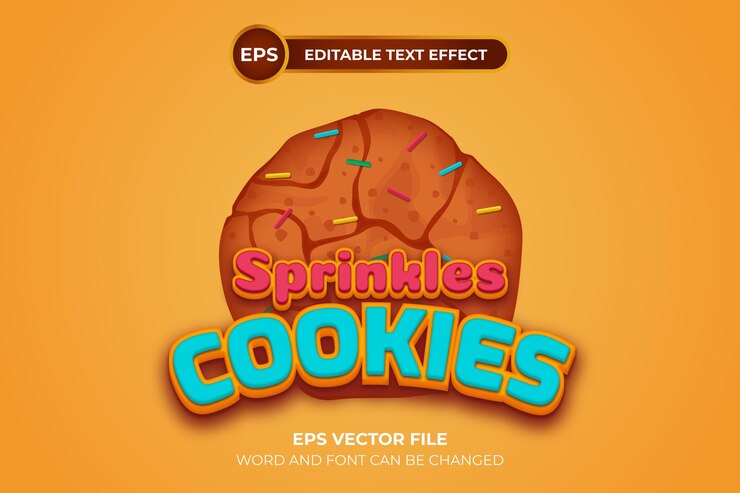 Vector logotipo de sprinkles cookies con efecto de texto editable