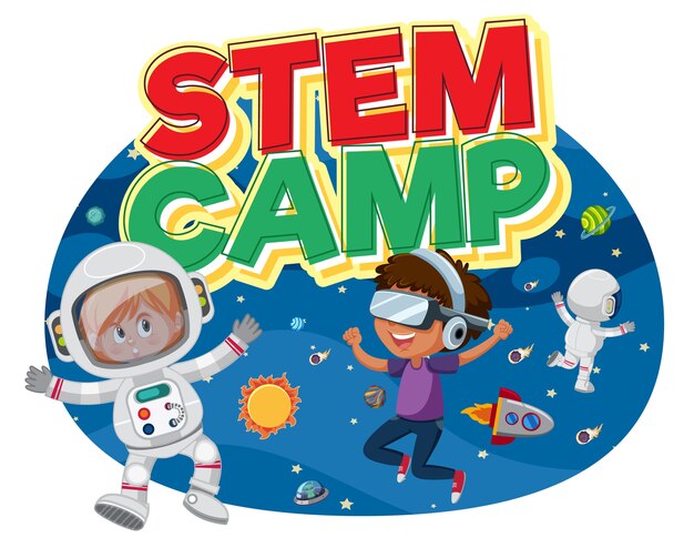 Logotipo de stem camp con niños con astronauta en traje espacial aislado