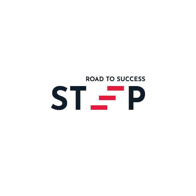 Logotipo de STEP con escaleras en la ilustración de diseño de vector de marca de madera de letra E