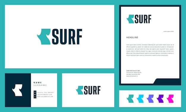 logotipo de surf con tarjeta de visita y membrete
