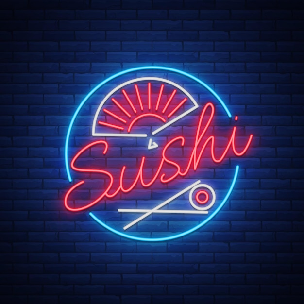 Logotipo de sushi en estilo neón letrero de neón brillante con texto aislado mariscos comida japonesa billboa brillante