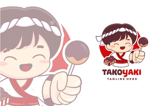 Logotipo de Takoyaki con un chico lindo japonés sosteniendo un delicioso takoyaki.