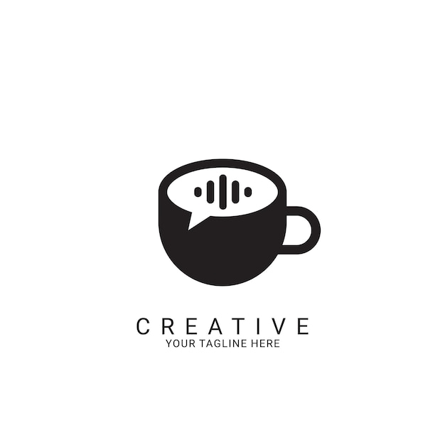 Logotipo de la taza de café con una burbuja de habla y la palabra creativa.