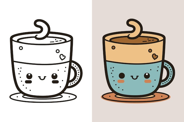 Logotipo de la taza de café Linda taza de café Línea de dibujos animados arte colorido Vector Ilustración Icono de taza de café