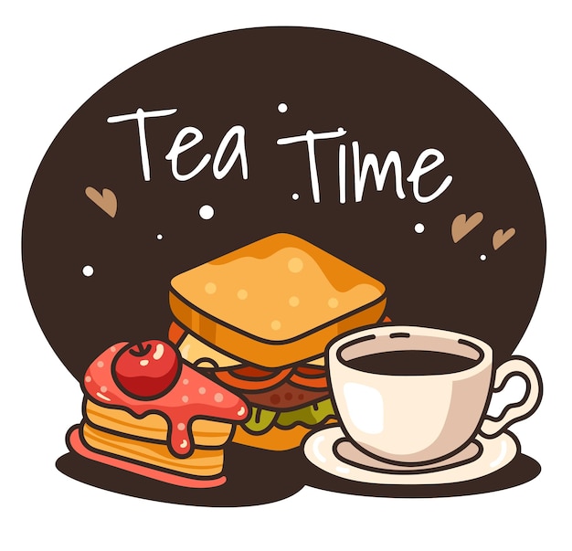El logotipo de la taza de té, el postre, el tiempo, el estilo de línea simple, el concepto aislado.