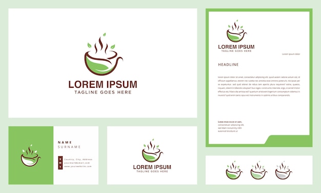 logotipo de taza de té con tarjeta de visita y membrete