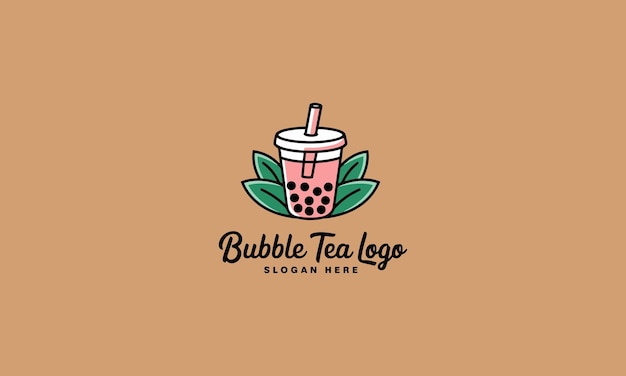 Logotipo de té de burbujas colorido con una bebida y hojas