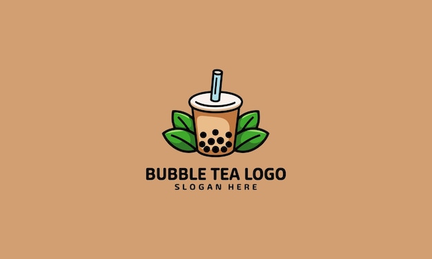 Logotipo de té de burbujas colorido con una bebida y hojas
