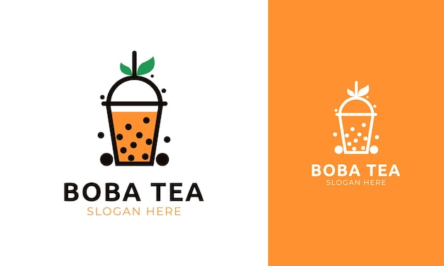 Logotipo de té de burbujas con icono de perla y hoja para etiqueta de bebida