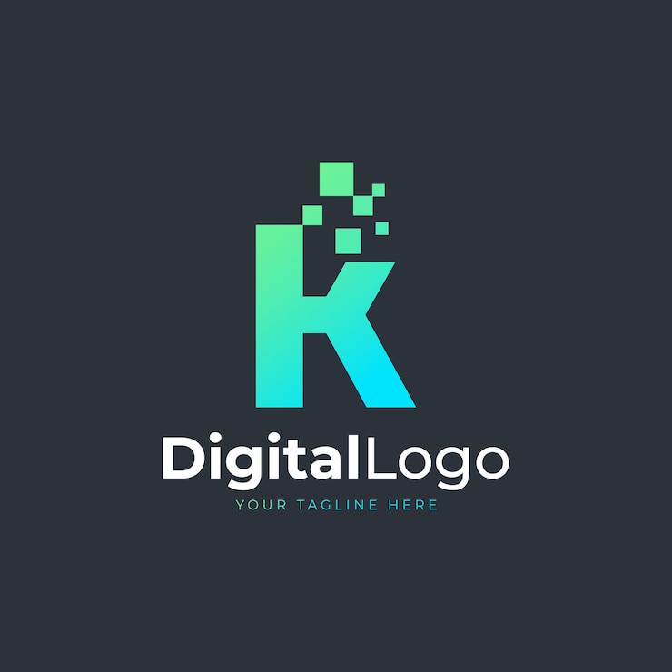 Vector logotipo de tech letter k forma geométrica azul y verde con logotipos de tecnología square pixel dots