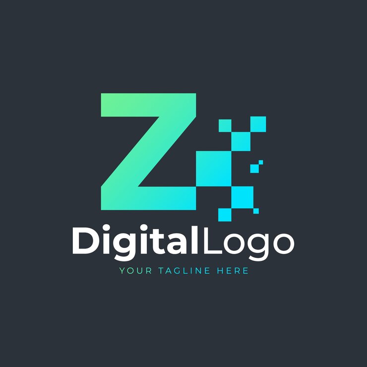 Vector logotipo de tech letter z forma geométrica azul y verde con logotipos de tecnología square pixel dots