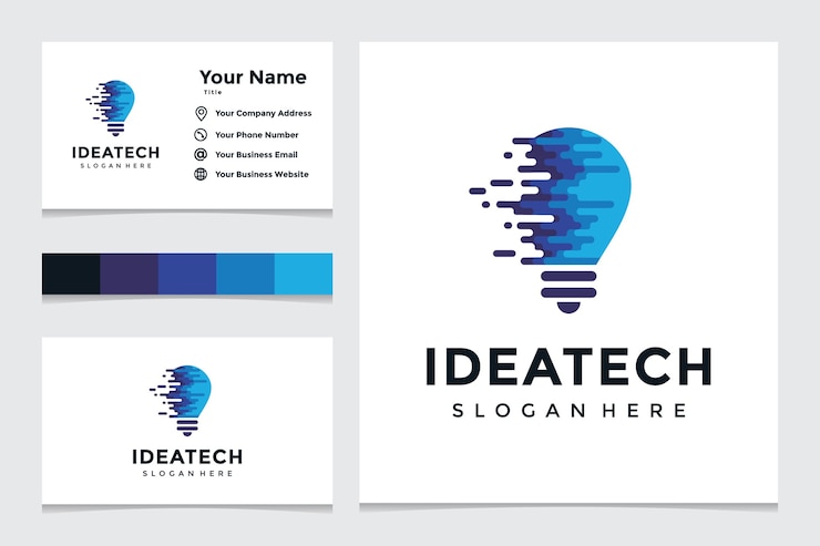 Vector logotipo de tecnología de bombilla creativa y diseño de tarjetas de visita. ideas creativas de bombilla con conceptos de tecnología.