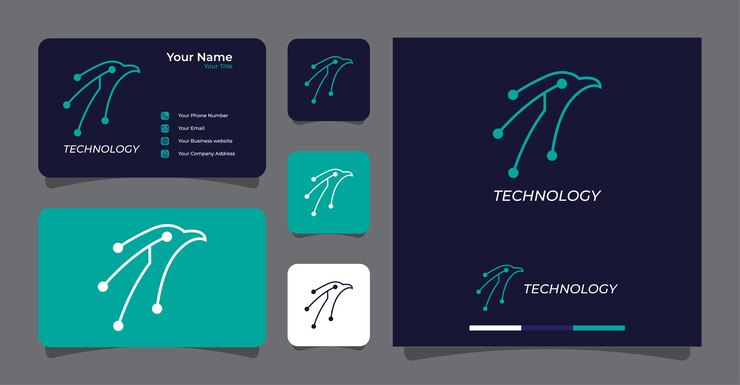 Vector logotipo de tecnología de cabeza de águila y vector premium de plantilla de tarjeta de visita