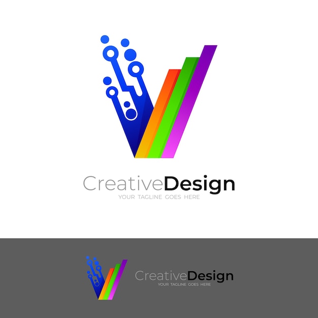 Logotipo de tecnología con diseño de letra V, línea e iconos de colores