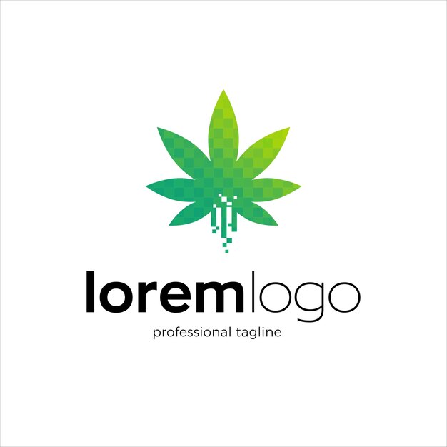 Vector logotipo de la tecnología de hojas de cannabis hecho de pequeñas formas cuadradas