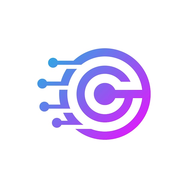 Logotipo de la tecnología de la letra C con estilo de línea de circuito circular para conexión de datos digitales