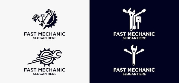 El logotipo de la tecnología mecánica, el logotipo del taller de reparación rápida, el símbolo del mantenimiento rápido de la máquina, el par de repuesto del pistón.