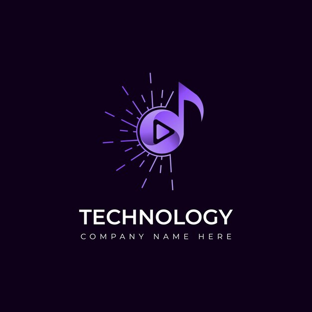 Logotipo de tecnología musical creativa con botón de reproducción y nota musical