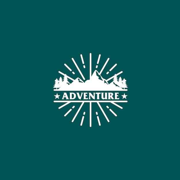 Logotipo de tema de montañas y aventuras blanco sobre fondo verde