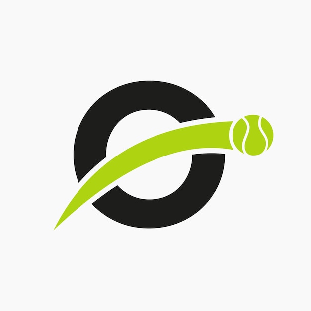 Logotipo de tenis en la letra O con icono de pelota de tenis en movimiento Plantilla de logotipo de tenis