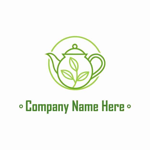 Logotipo de tetera con hojas en estilo de diseño de arte de línea verde