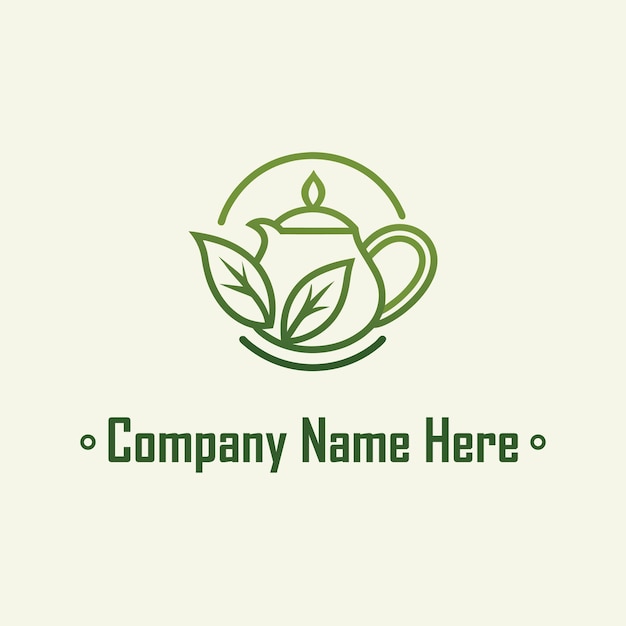 Logotipo de tetera con hojas en estilo de diseño de arte de línea verde