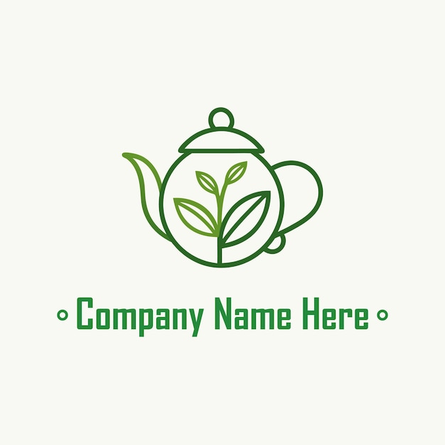 Logotipo de tetera con hojas en estilo de diseño de arte de línea verde