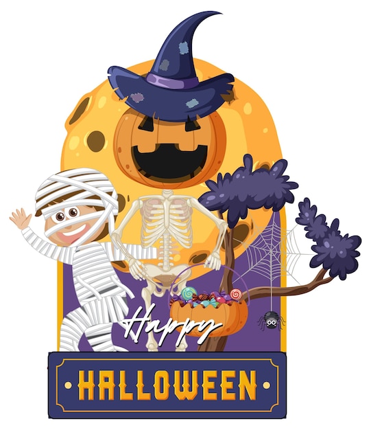 Logotipo de texto de feliz Halloween con personaje de dibujos animados