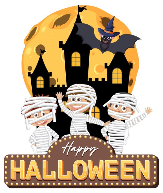 Logotipo de texto de feliz Halloween con personaje de dibujos animados