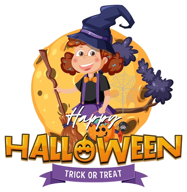 Logotipo de texto de feliz Halloween con personaje de dibujos animados