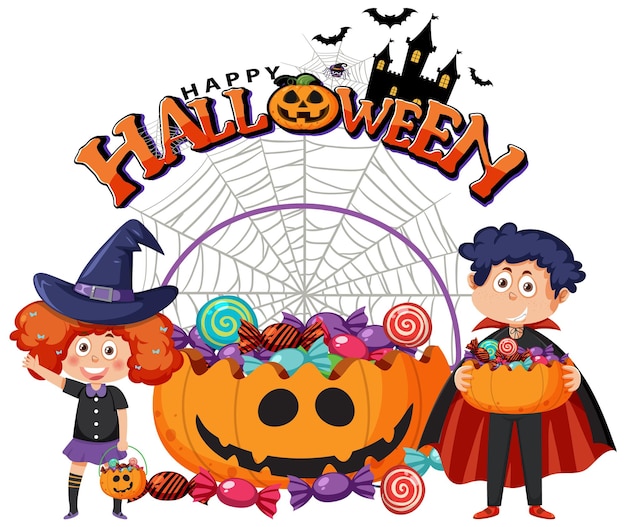 Logotipo de texto de feliz Halloween con personaje de dibujos animados