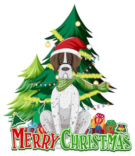 Logotipo de texto de feliz navidad con árbol de navidad y perros lindos