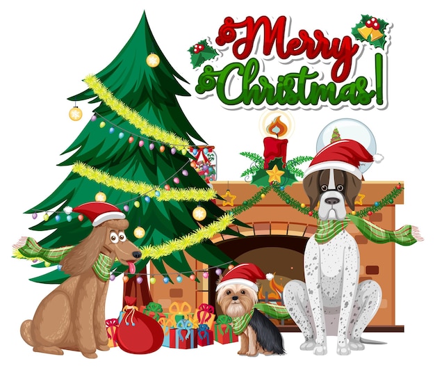 Logotipo de texto de feliz Navidad con árbol de Navidad y perros lindos