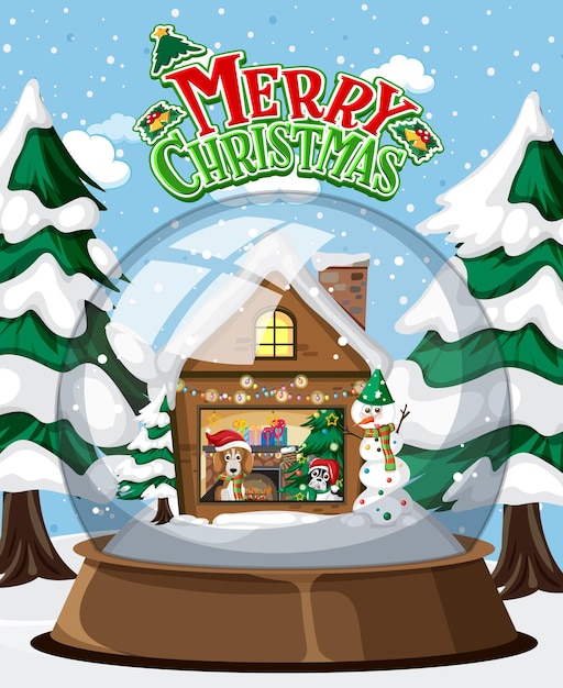 Logotipo de texto de feliz Navidad con casa en invierno de cúpula de cristal
