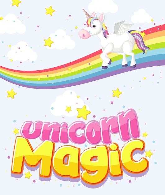 Vector logotipo de texto mágico lindo unicornio sobre fondo de cielo