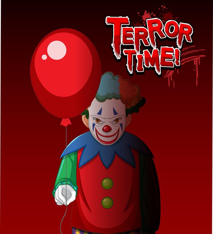 Vector logotipo de texto terror time con payaso espeluznante sosteniendo globo