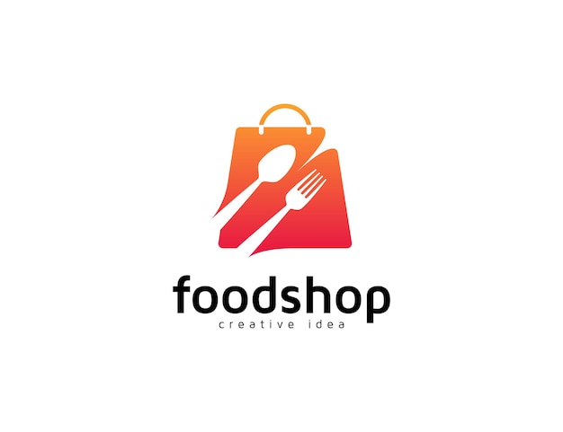 Logotipo de la tienda de alimentos con ilustración de tenedor, cuchara y bolsa de compras