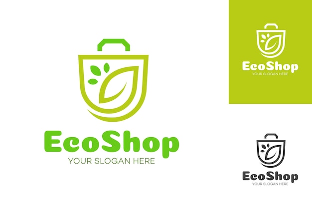 Logotipo de la tienda ecológica que consiste en una bolsa de compras y un estilo de línea de hoja aislado en el fondo para la tienda de productos frescos de la granja tienda de alimentos veganos mercado de productos naturales producto orgánico Vector 10 eps