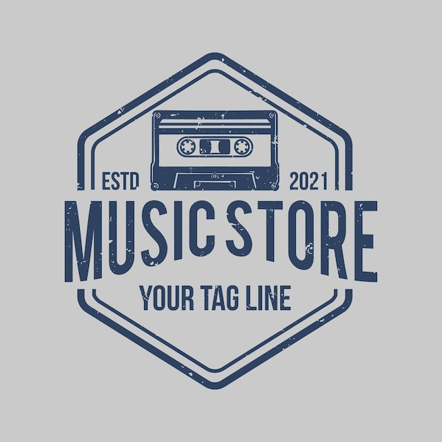 Logotipo de la tienda de música de estilo vintage con un casete sobre fondo gris