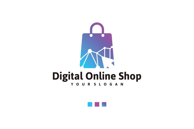 Vector logotipo de tienda online digital con bolsa de compras.